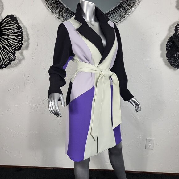 NWT~$695~TOCCIN~SZ S~STUNNING PURPLE BLACK BELTED COLORBLOCK TRENCH COAT JACKET - Picture 7 of 16